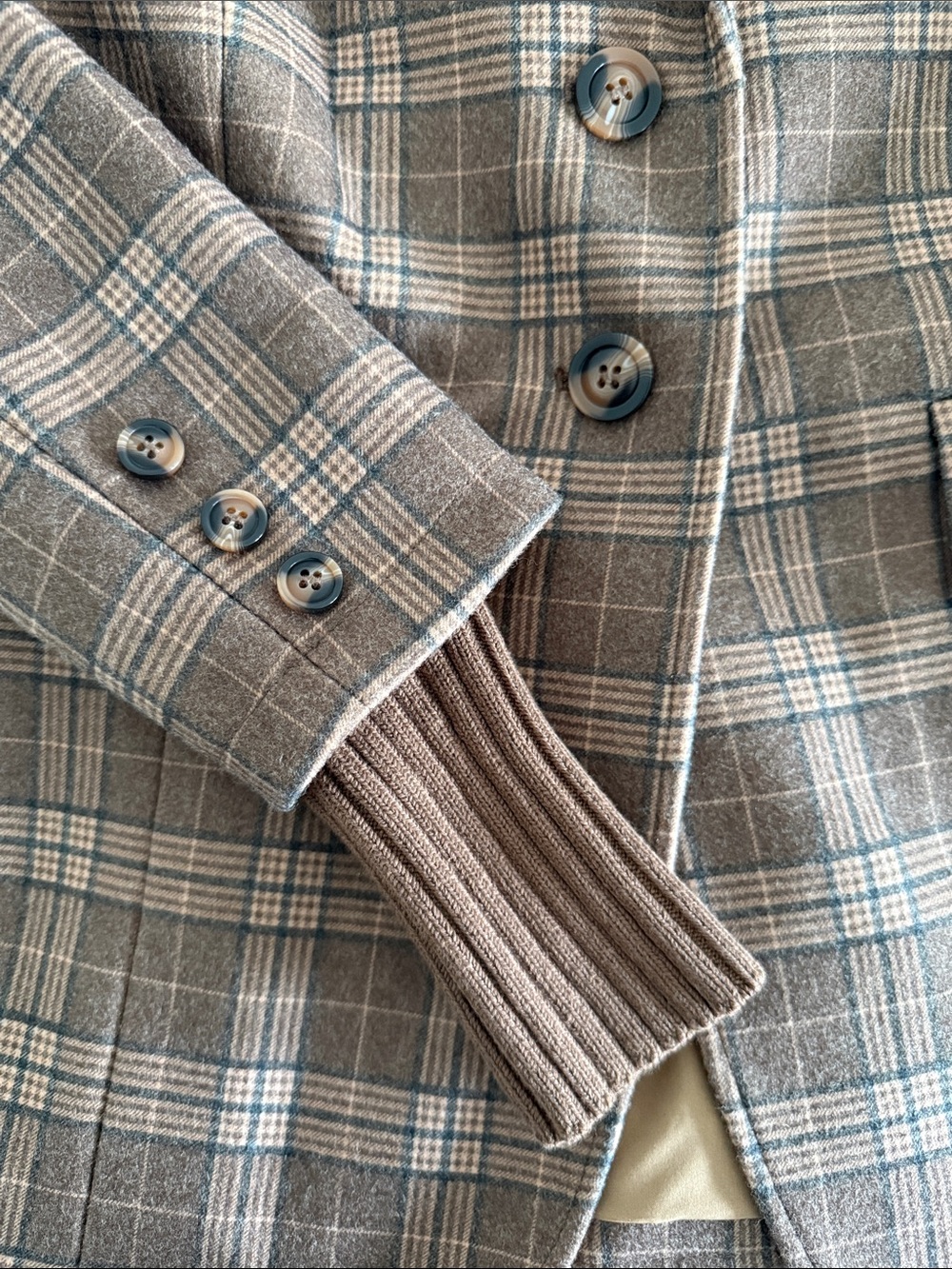Brown & Tan Plaid Long Blazer Sportcoat with Ribbed Cuffs - Picture 3 of 5